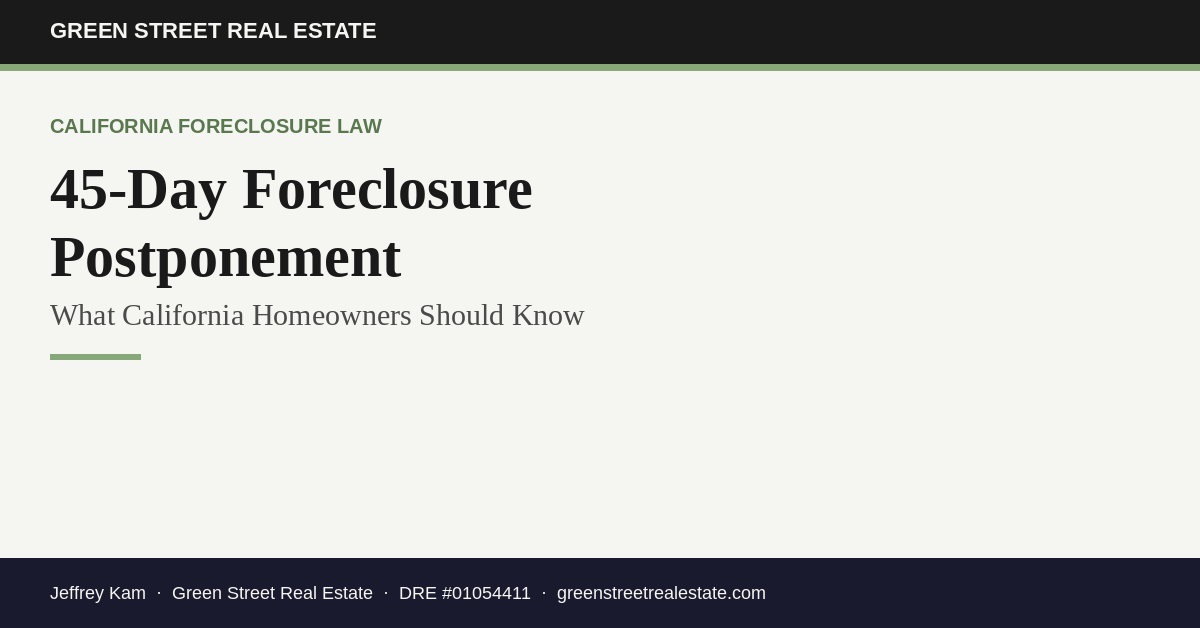 Graphic explaining California's 45-day foreclosure postponement law for homeowners facing a trustee's sale